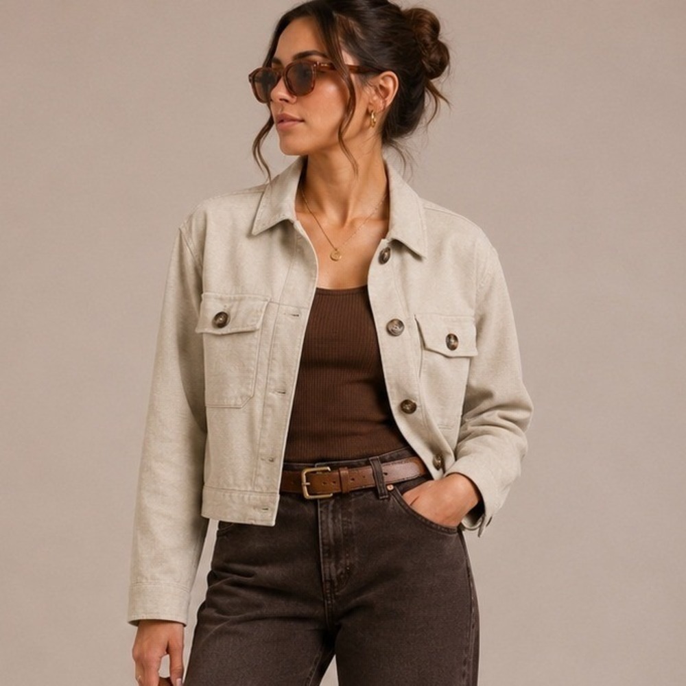Womens Linen Blend Boxy Crop Jacket Sage Green Utility Lightweight Summer Size S